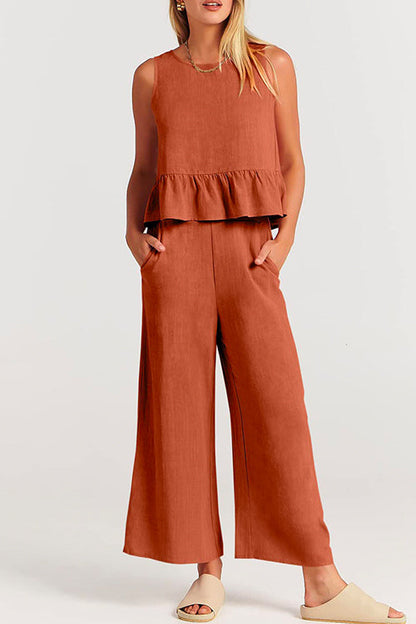 Crewneck Ruffle Tank Top Wide Leg Pockets Pants Set Orange