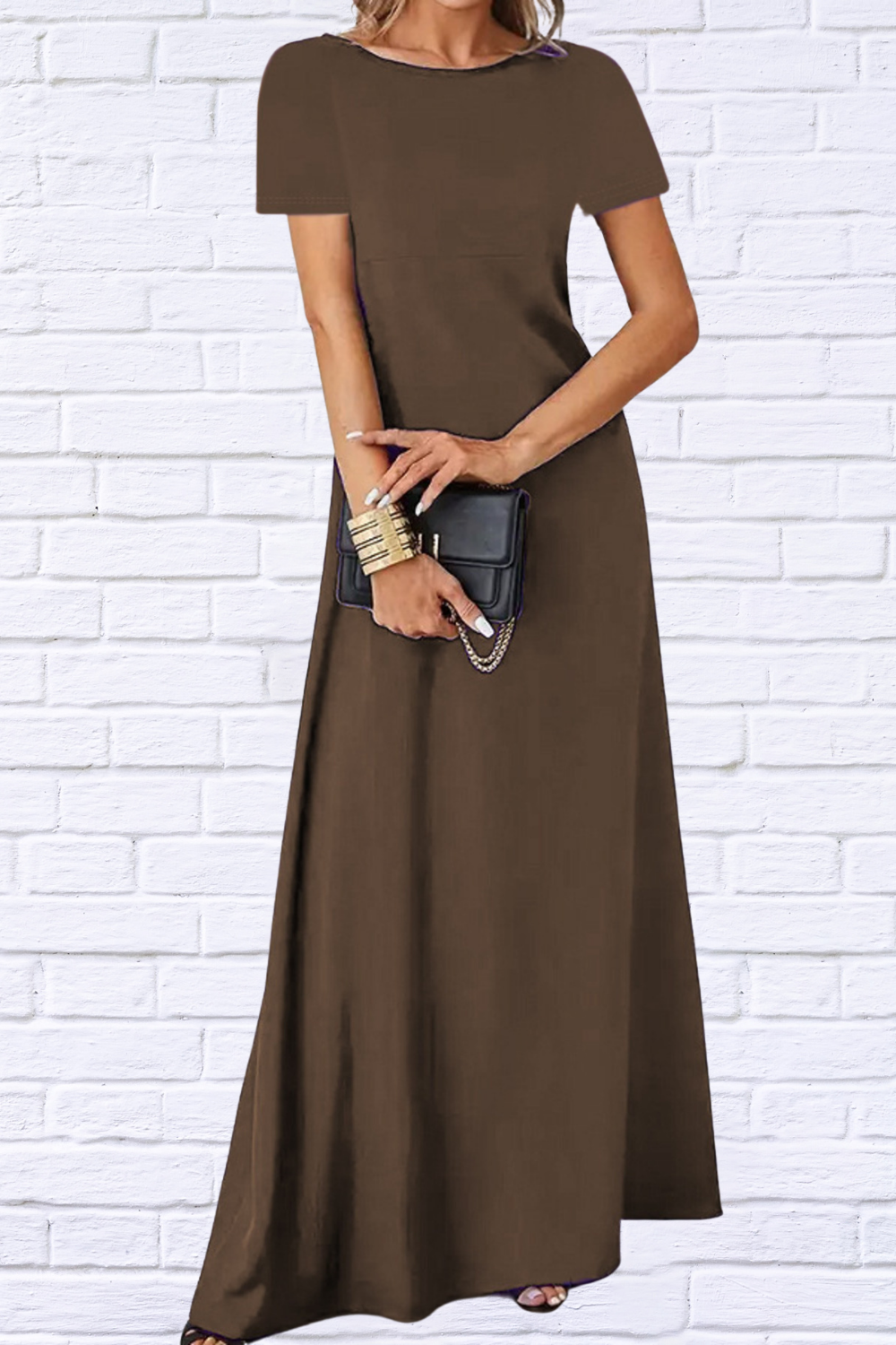Full Size Round Neck Short Sleeve A-Line Maxi Dress Plus Size Dark Brown