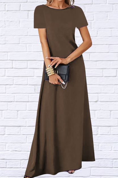 Full Size Round Neck Short Sleeve A-Line Maxi Dress Plus Size Dark Brown