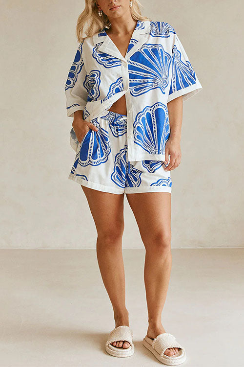 V Neck Short Sleeves Shirt and Drawstring Waist Shorts Seashell Print Set