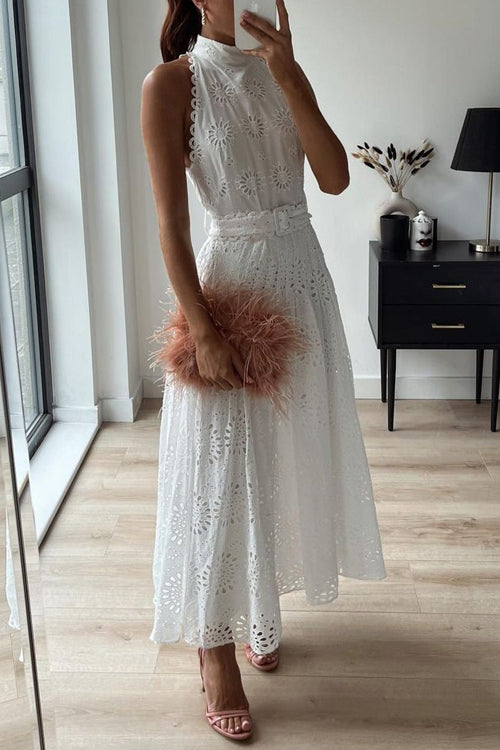 Mockneck Sleeveless Hollow Out Belted Maxi Dress White