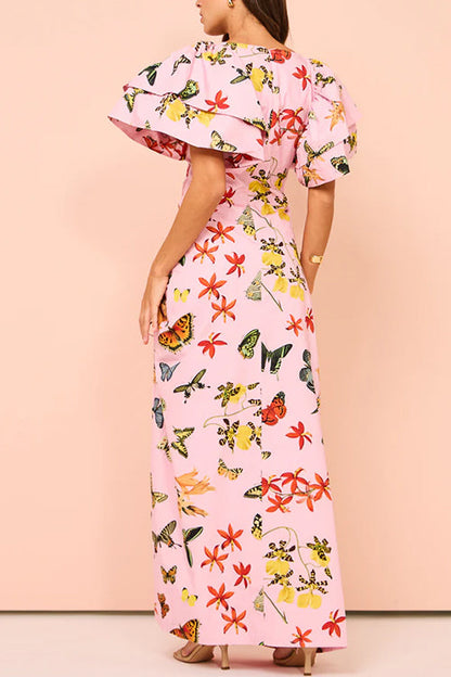 Flounce Sleeves Drawstring Slit Printed Maxi Dress