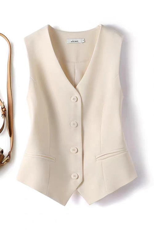 V Neck Button Up Pocketed Blazer Vest