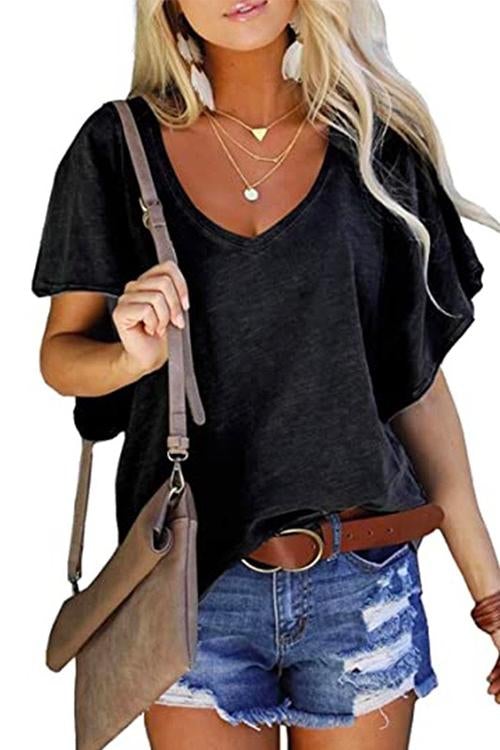 V Neck Ruffle Sleeves Loose T Shirt Black