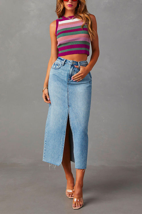 High Rise Raw Hem Slit Front Denim Midi Skirt LightBlue