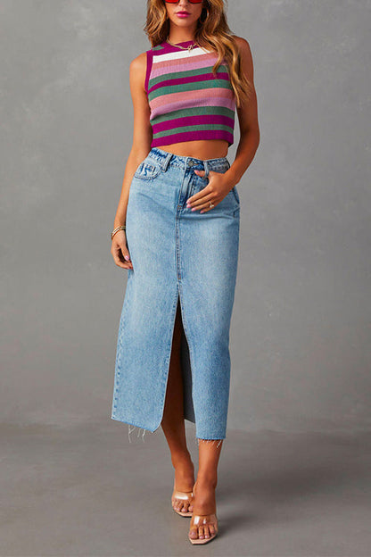 High Rise Raw Hem Slit Front Denim Midi Skirt LightBlue