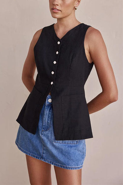 Single Breasted Pocketed Solid Vest