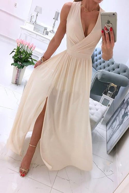 Deep V Neck Slit Ruched Sleeveless Party Dress Khaki