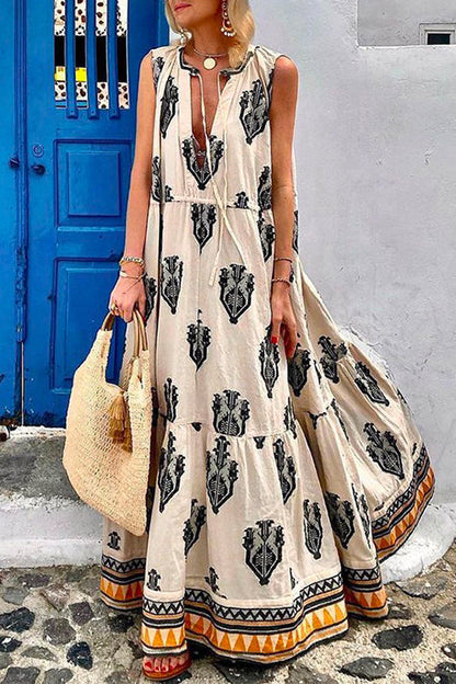 Tassle Deep V Neck Sleeveless Printed Maxi Swing Holiday Dress White