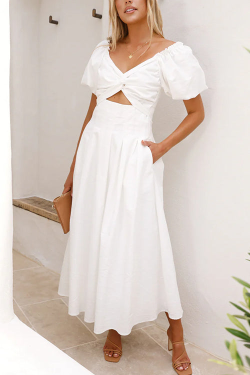V Neck Twist Front Puff Sleeves Cut Out Maxi Dress