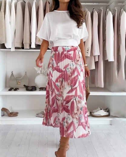 Solid Color Waist Tie Short Sleeve Blouse