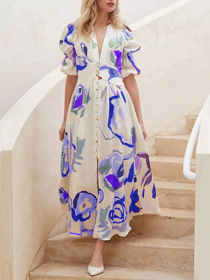 Full Size Abstract Print Puff Sleeve Midi Dress Plus Size