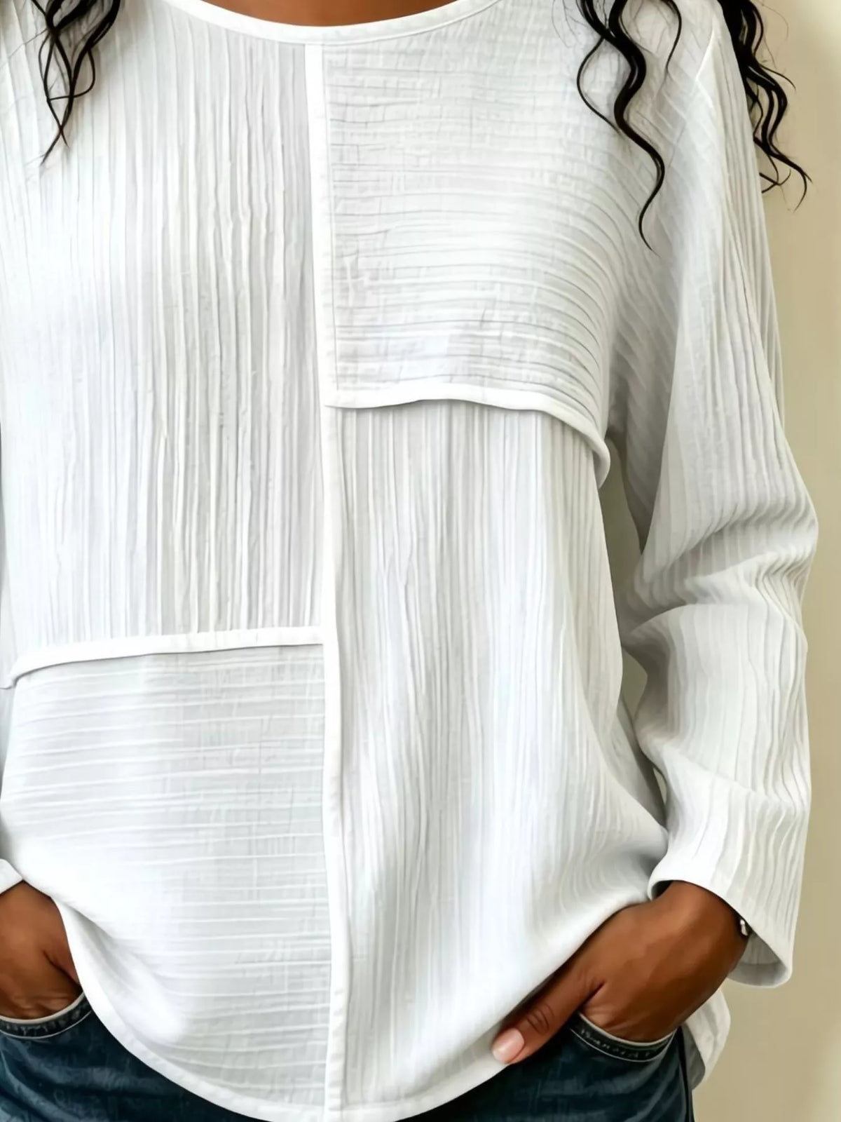 Women's Textured Patchwork Long Sleeve Top