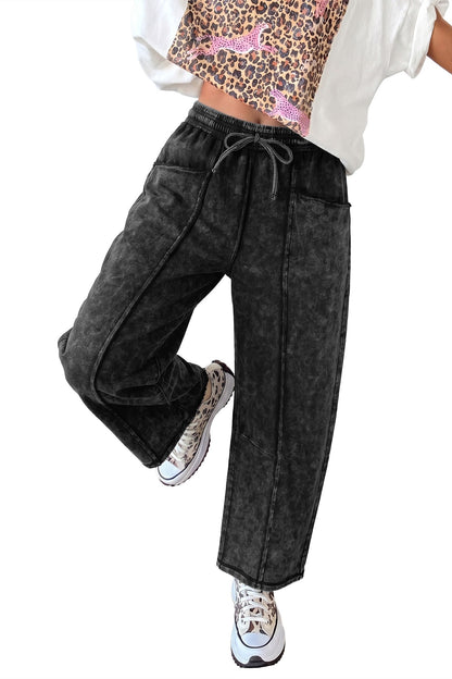 Black Mineral Wash Raw Seam Drawstring Elastic Waist Barrel Pants
