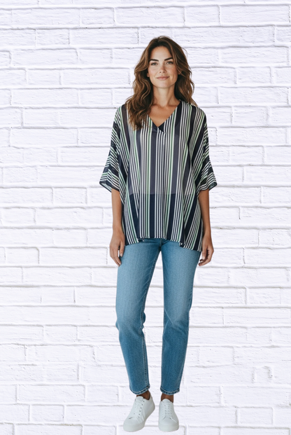 Striped Chiffon V-Neck Kaftan Top – Flowing Sheer Oversized Blouse for Women
