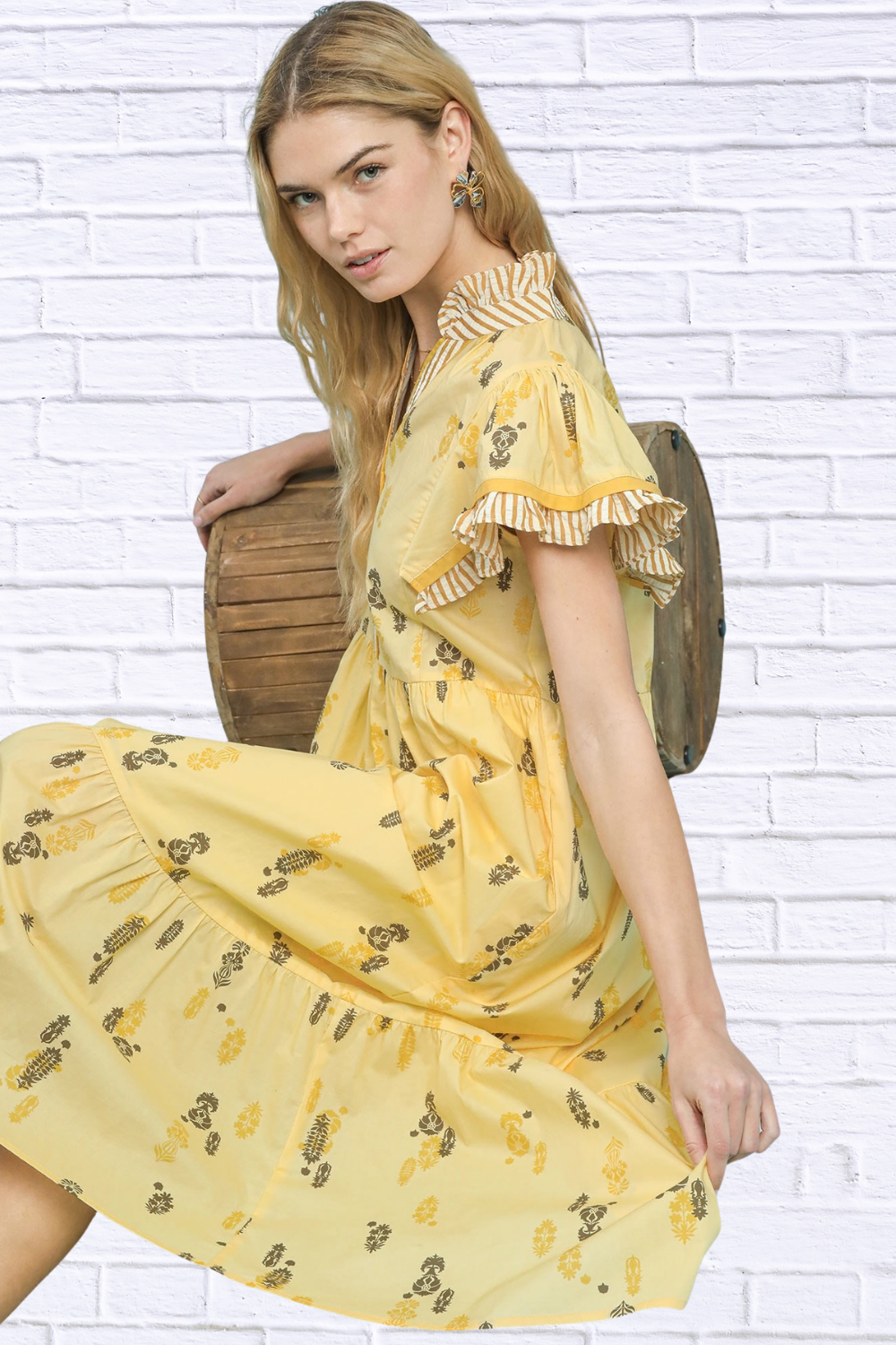 Umgee Floral Ruffle Sleeve Tiered Midi Dress