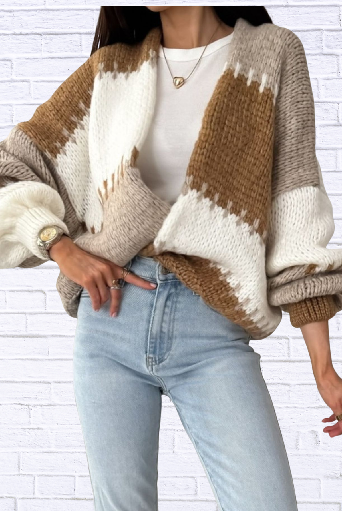 Color Block Open Front Cardigan Brown One Size