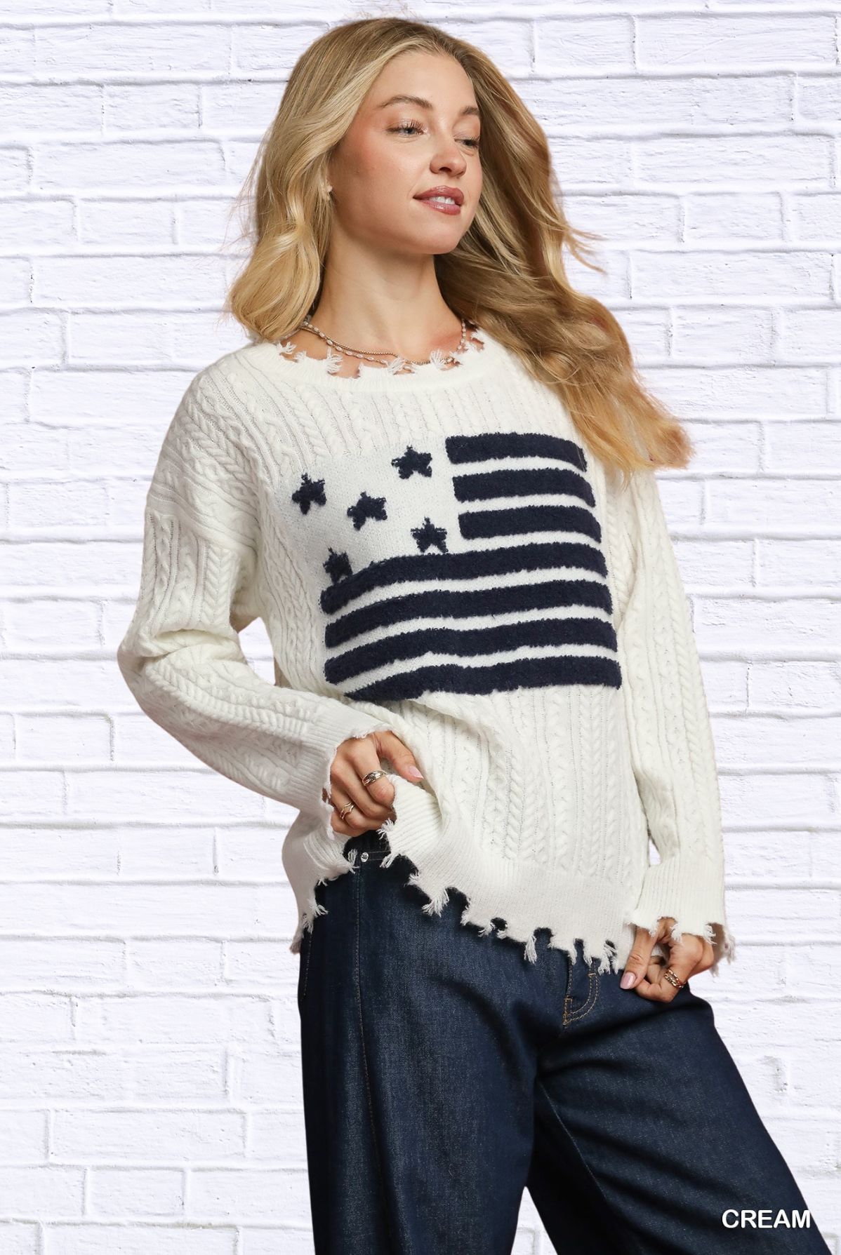 Umgee Distressed American Flag Sweater Cream