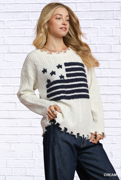 Umgee Distressed American Flag Sweater Cream