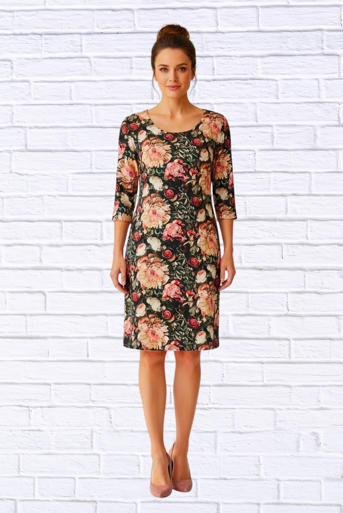 Vintage Floral Print 3/4 Sleeve Knit Dress – Elegant Round Neck Knee-Length Dress Pink and green