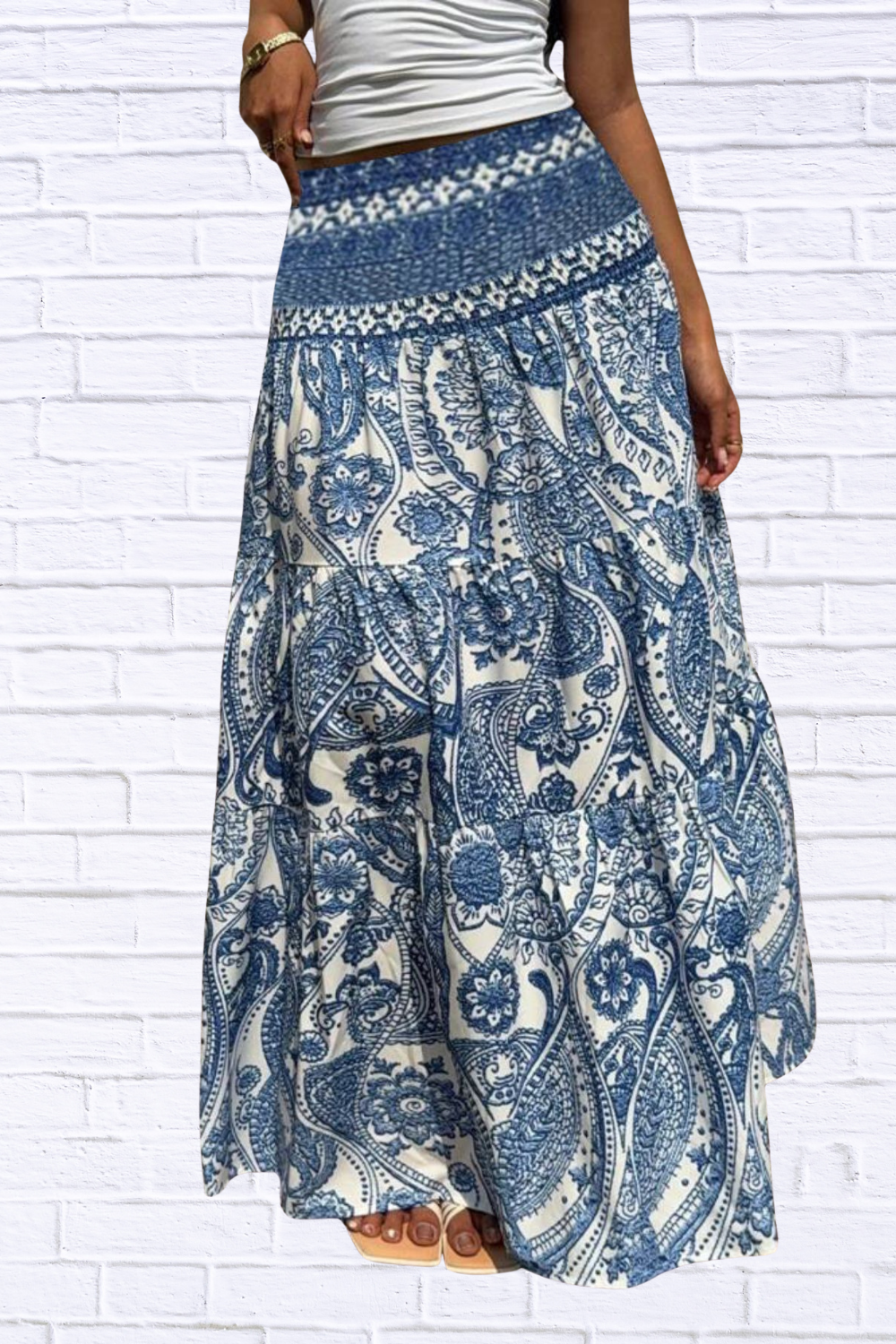Printed High Waist Maxi Skirt Light Blue