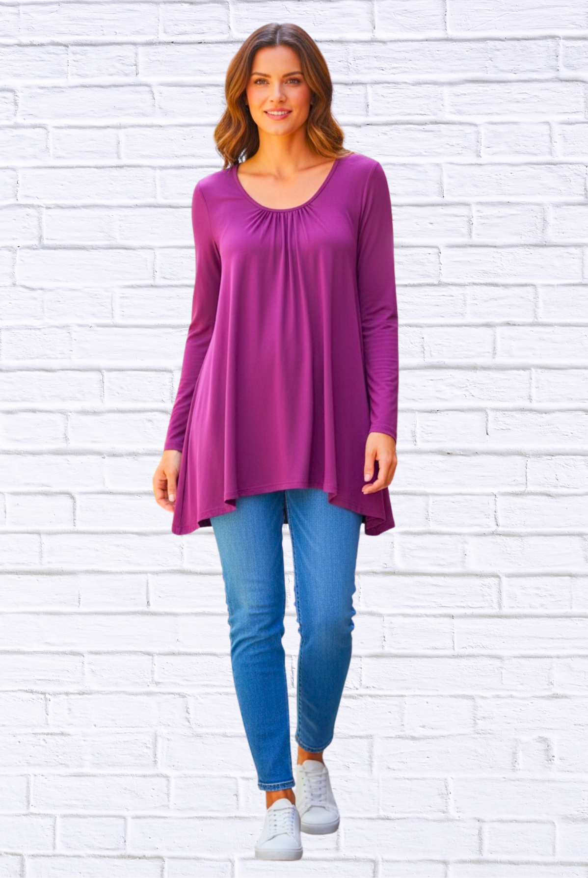 Sibella Pleated Front Long Sleeve Blouse Magenta Solid