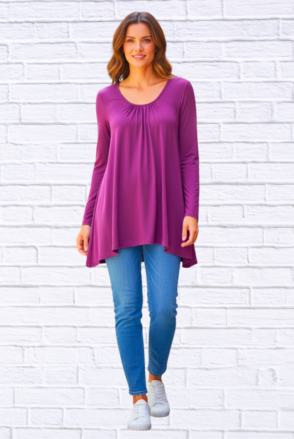 Sibella Pleated Front Long Sleeve Blouse Magenta Solid