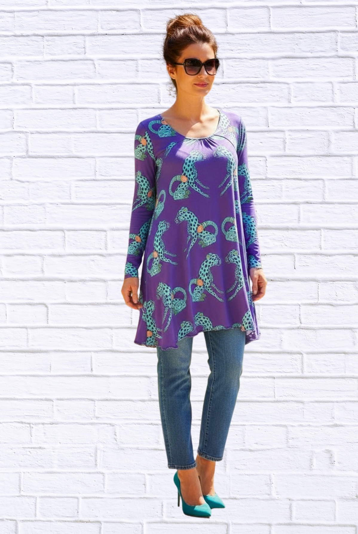 Sibella Pleated Front Long Sleeve Blouse Purple Cheetah