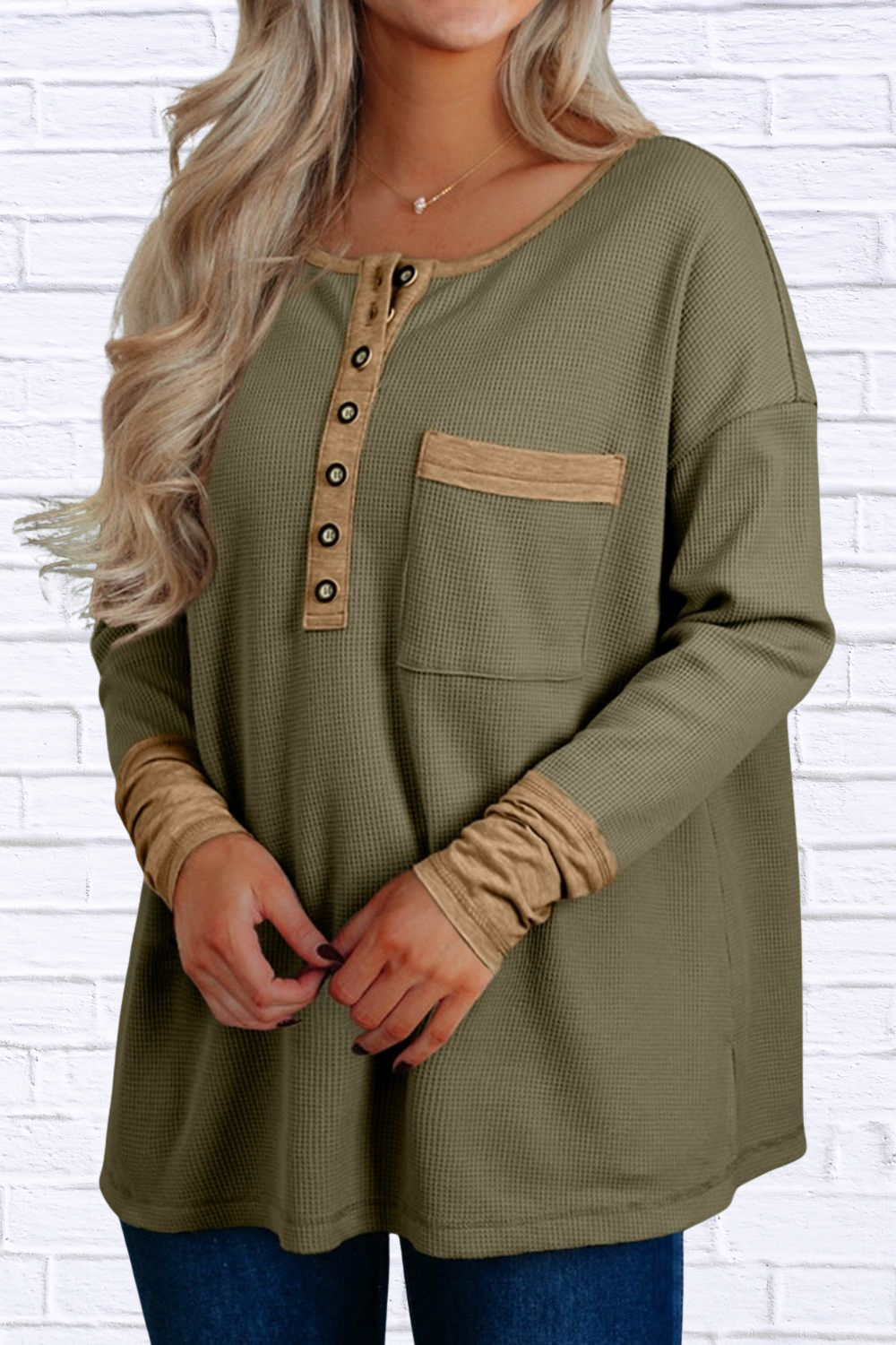 Button Front Contrast Trim Top Moss