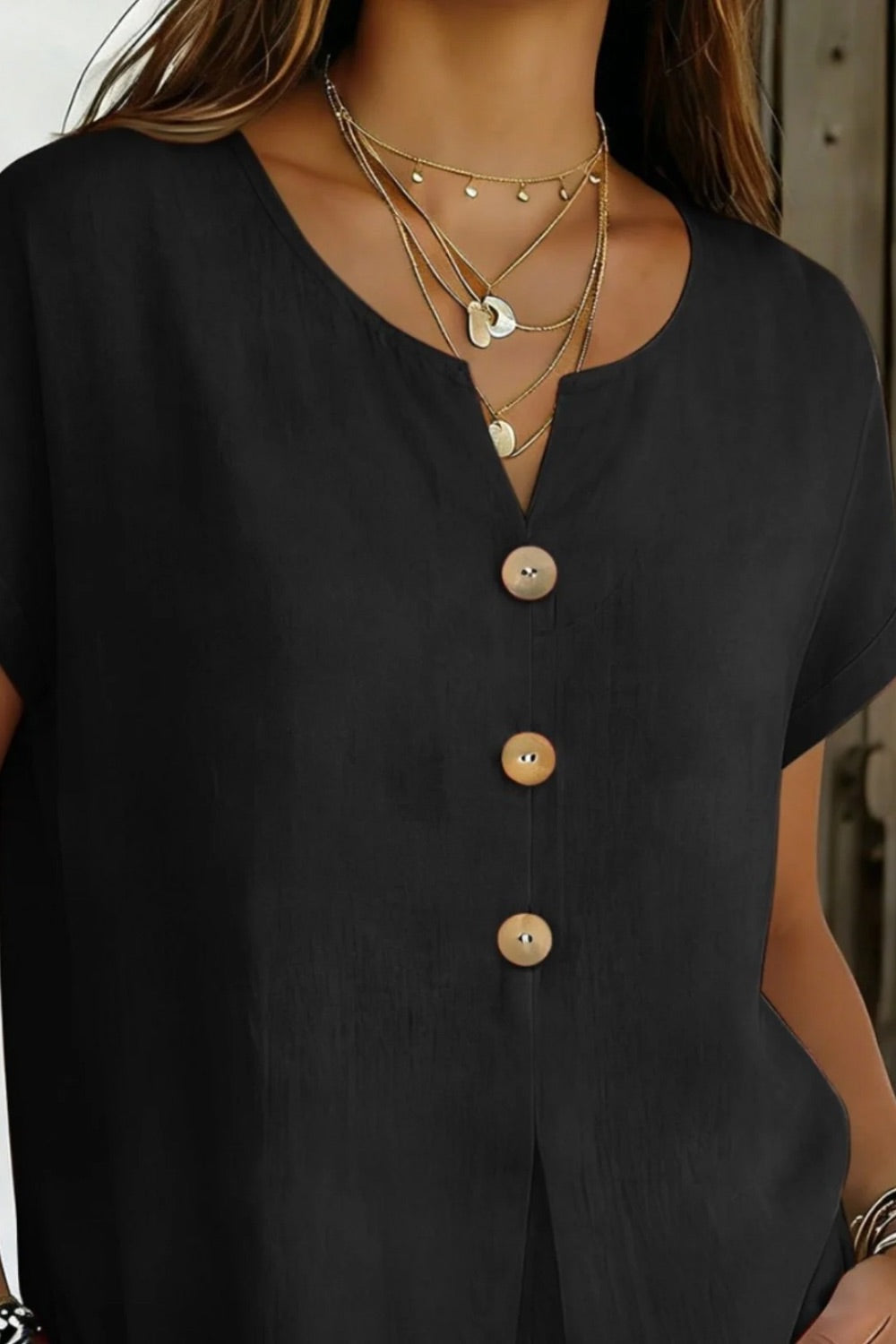 Decor Button Short Sleeve Blouse | Elegant Women’s Top