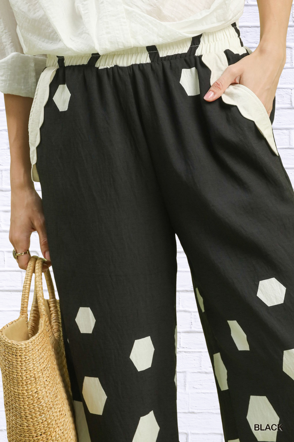Umgee Hexagon Print Wide Leg Pants with Scalloped Hem