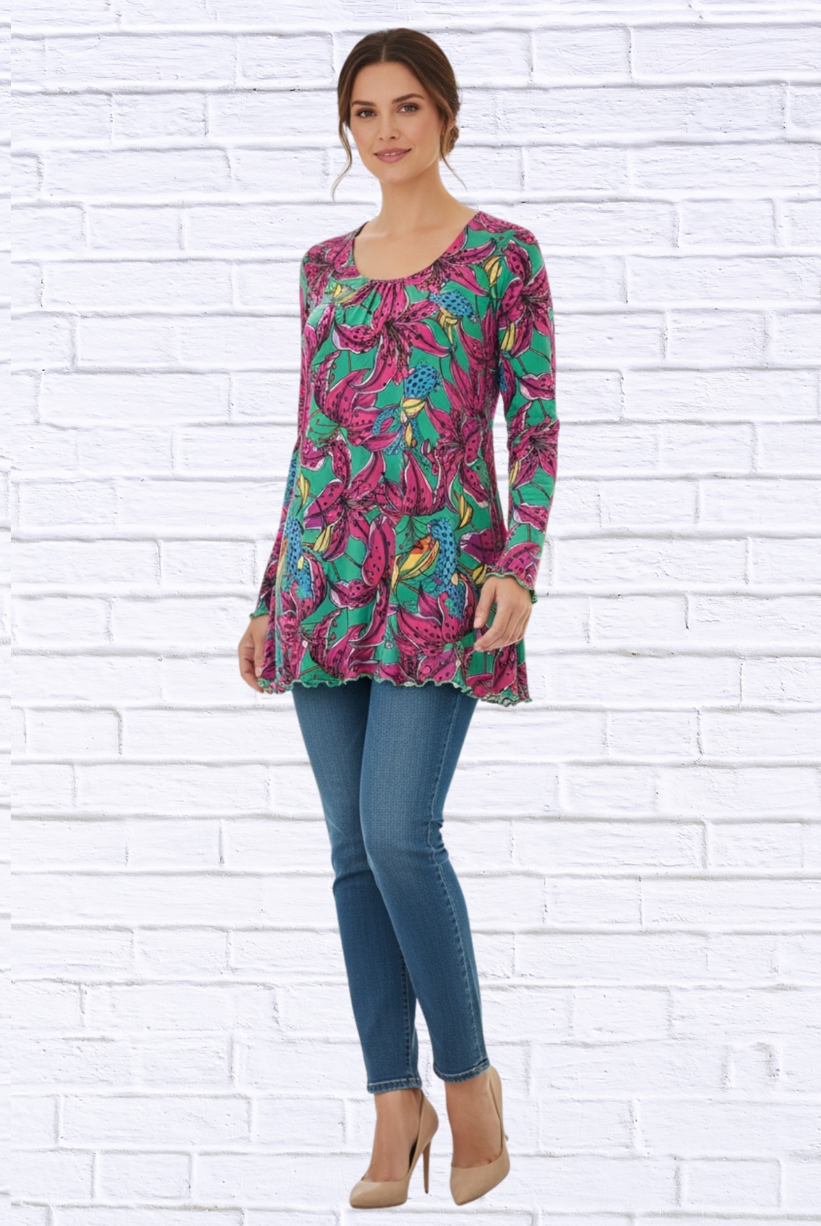 Sibella Pleated Front Long Sleeve Blouse Floral cheetah