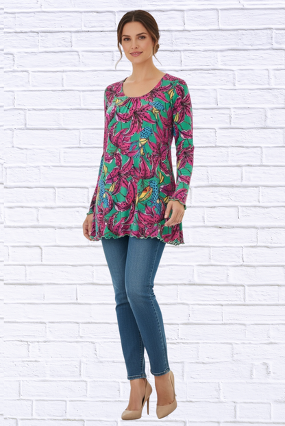 Sibella Pleated Front Long Sleeve Blouse Floral cheetah