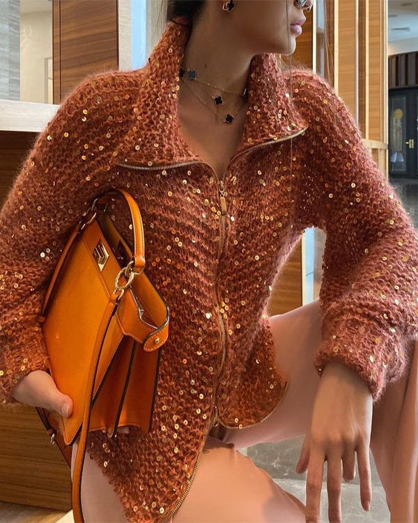 Clidress Sequined Knitting Jacket Sweater