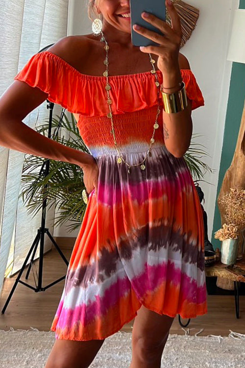 Ruffle Off Shoulder Waisted Tie Dye Mini Swing Dress Tie Dye