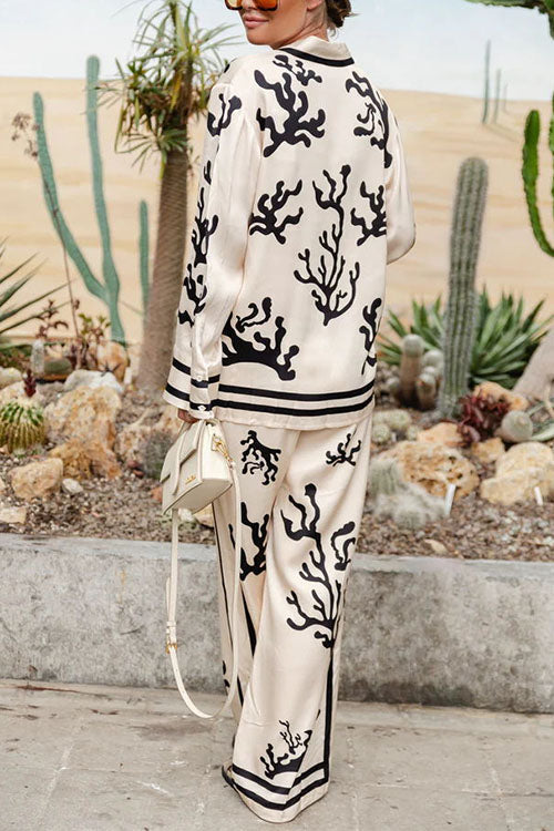 Long Sleeves Button Up Reef Print Satin Shirt