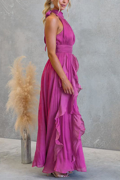 Halter Neck Waisted Ruffle Maxi Dress