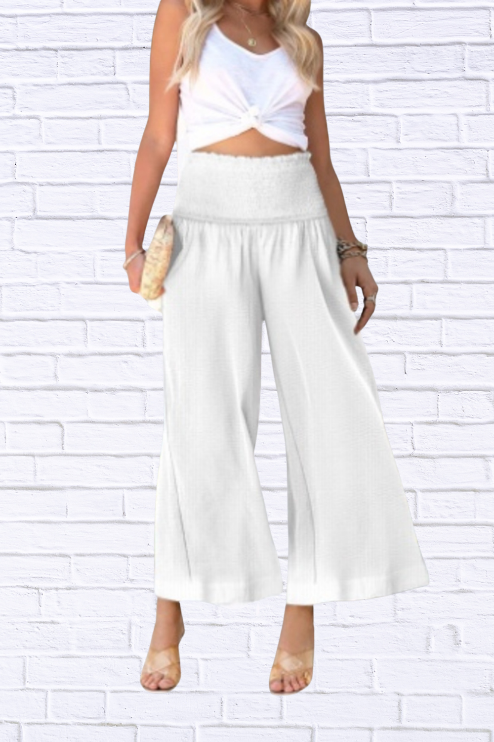 Wide-Leg Smocked Waist Pants