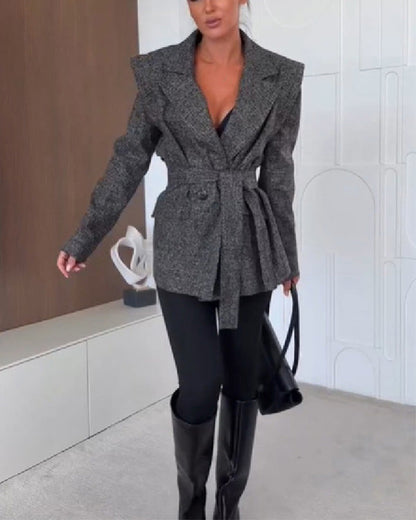 Clidress Sophia Tweed Lapel Belted Suit Jacket