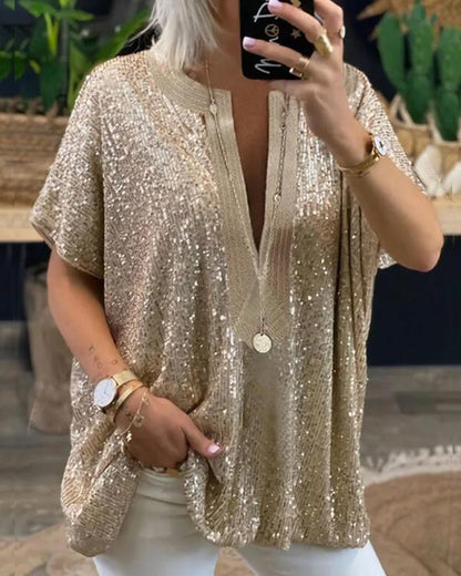 Clidress Graceful V Neck Sequin Loose Top