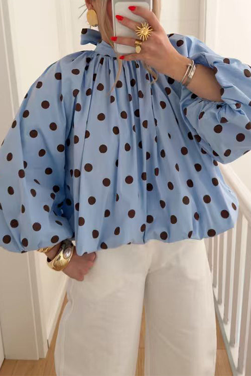 Lantern Long Sleeves Bow Back Slit Polka Dot Top