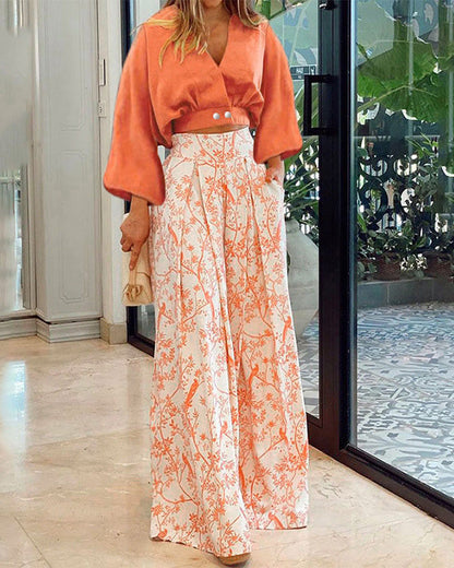 Clidress Short Tops and Printed Wide Leg Pants 2 Pieces Set