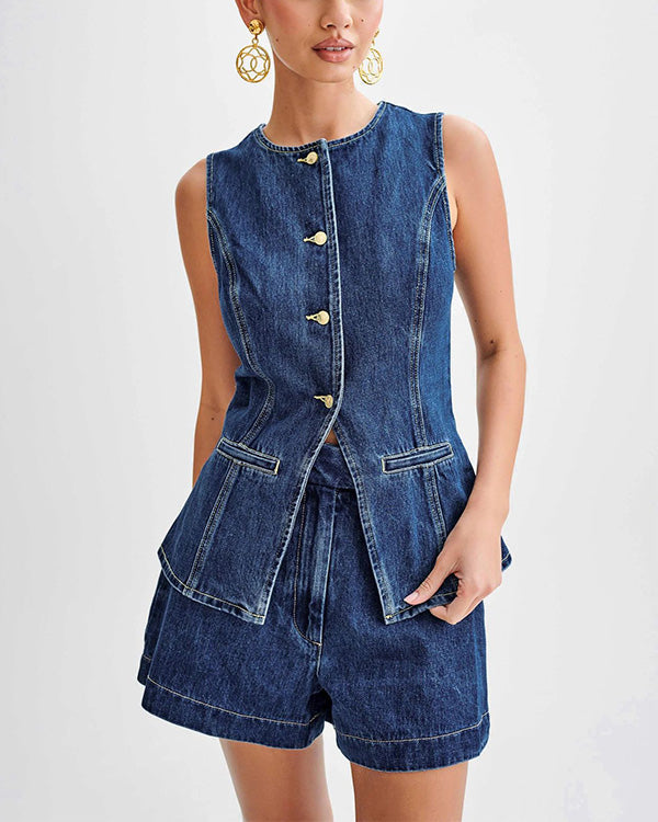 Clidress Denim Tank Top & Jeans Shorts Set