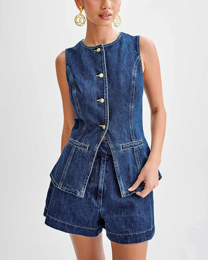Clidress Denim Tank Top & Jeans Shorts Set