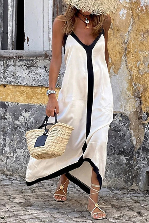Spaghetti Strap V Neck Color Block Maxi Holiday Dress White