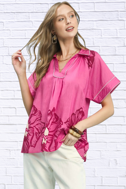 Umgee Floral Split-Neck Short Sleeve Top