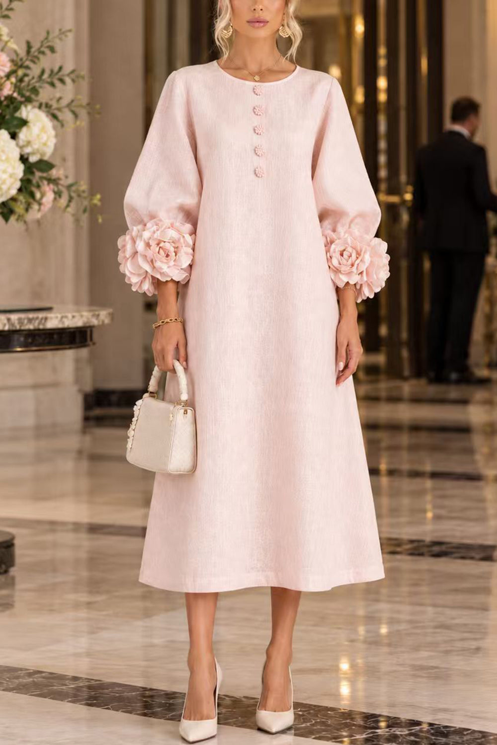 Floral Applique Puff Sleeve A-Line Midi Dress