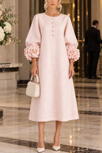 Floral Applique Puff Sleeve A-Line Midi Dress