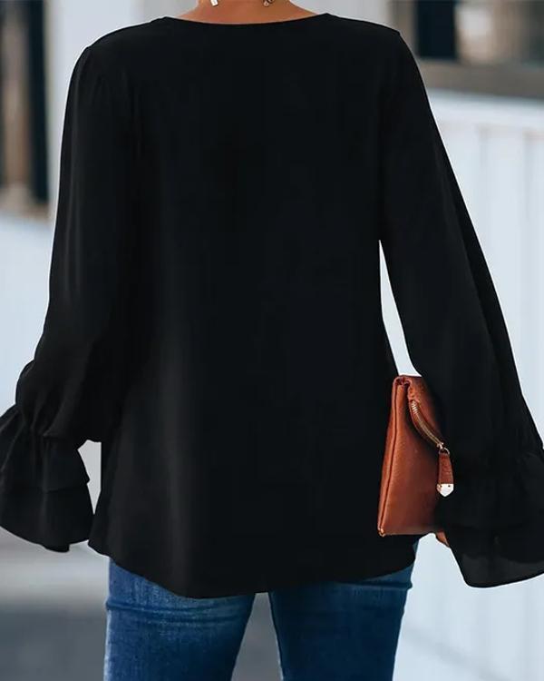 Clidress V Neck Scollop Sleeve Satin Top
