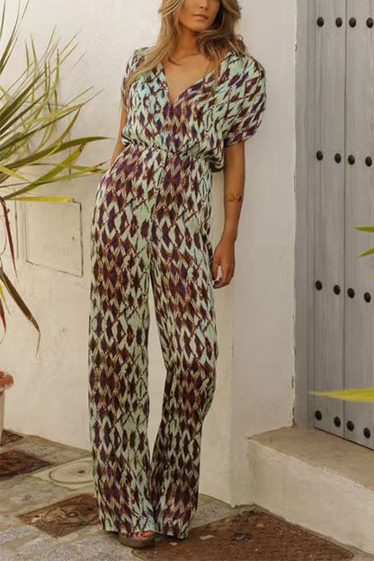 V Neck Short Sleeves Waisted Printed Straight Leg Jumpsuit